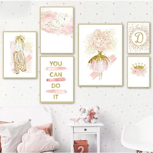 Custom Name Prints Golden Crown Ballerina Nursery Canvas Poster Wall Art Painting Baby Girl Decoration Picture Kids Room Decor