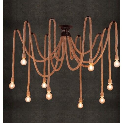 Retro Industrial Hemp Rope Hanging lamps Spider chandelier 5/6/8/10/12/15 Heads DIY Hanging Lights For Dining Room Bar