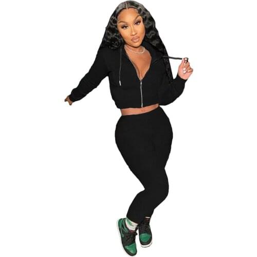 Casual Sportswear Two Piece Set Women Activewear Long Sleeve Hooed Short Jackets+elastic Waist Workout Sweatpant Female Outfit