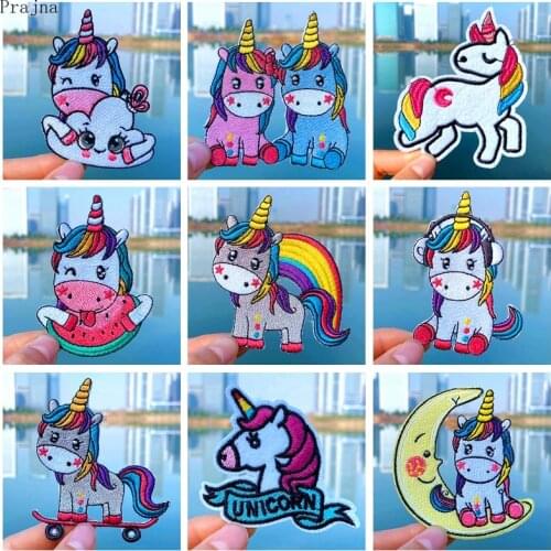 Prajna Rainbow Patch Unicorn Patches For Clothing Stripe Cartoon Embroidered patches For Clothes Kids Iron On Anaimal Sticker