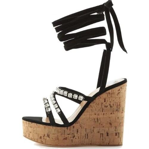 Linamong Woman Fashion Black Crystal Bling Wedge Sandals Female Thick Sole Platform Lace Up Narrow Bands Open Toe Sandals Shoes