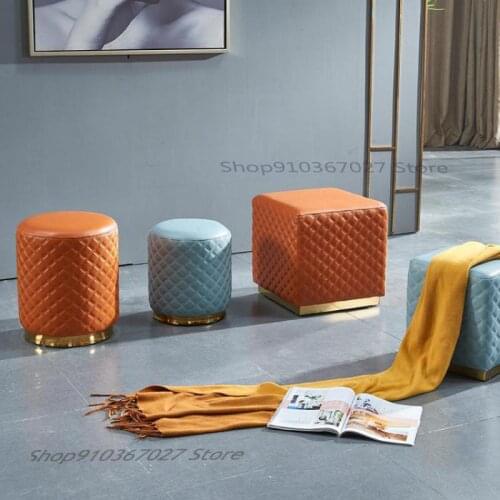 Nordic Light Luxury Leather Square Stool Small Round Pier Sofa Stool Living Room Soft Sitting Shoe Changing Stool Dressing Stool