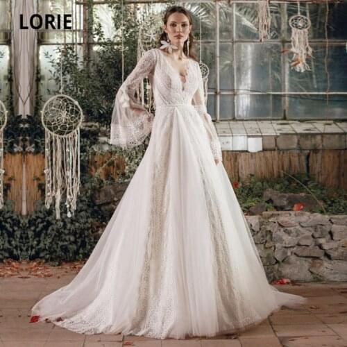 LORIE Bohemian Wedding Dresses V Neck Appliques Lace Long Flare Sleeves A-Line Arabic Wedding Gown Vintage Bridal Dress 2021