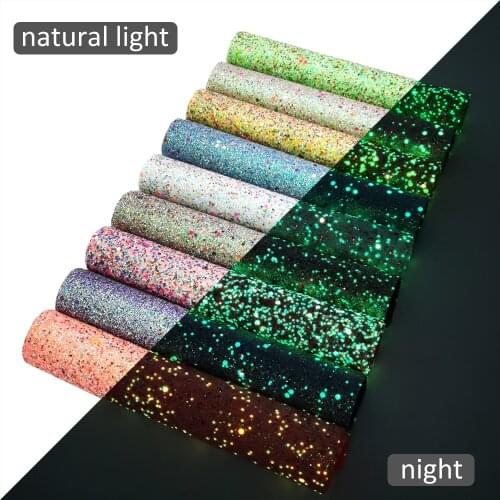 Glow in the Dark Faux Leather Sheets Shimmer Chunky Glitter Sequins Synthetic Leather Fabric 20x33cm for DIY Earrings Pouches