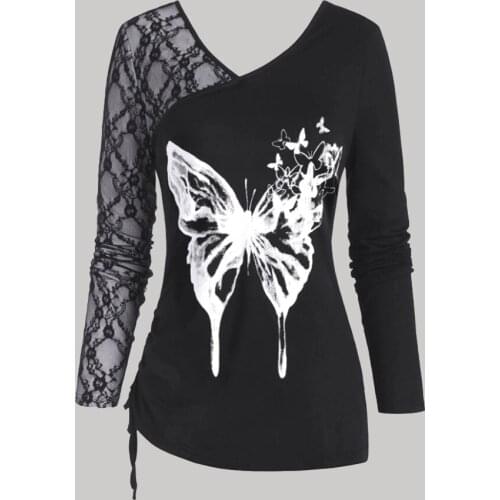 Spring Summer 2021 Western Style Fashion High Street Solid Color Lace Splicing T-Shirt V-neck Butterfly Printing Long Sleeve