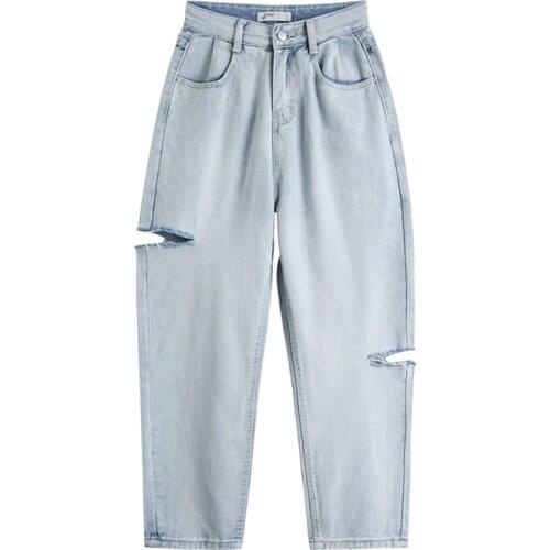 2021 New Ripped Jeans Woman High Waist Spring Vintage Streetwear Straight Pants Baggy Versatile Blue Femme Denim Trouser