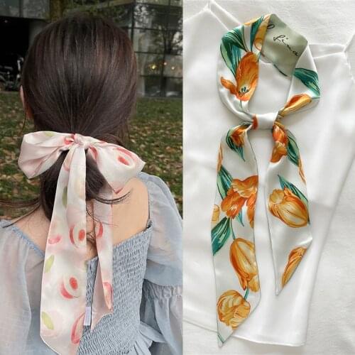 New Silk Women Hairband Scarf Fashion Korea Print Long Neck Tie Bag Headband Girls Bowknows Belt 2021 Summer Accessories Bandana
