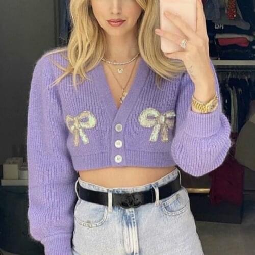 TEELYNN long sleeve Sequin embroidery bow crop top sweater women pull vintage purple v neck autumn sweaters coat Cardigan jumper
