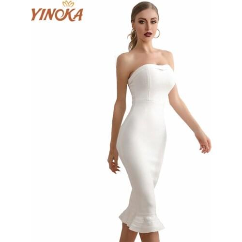 Yinoka off shoulder bandage dress bodycon white ruffle sexy women lady elegant black red strapless celebrity party club clothing
