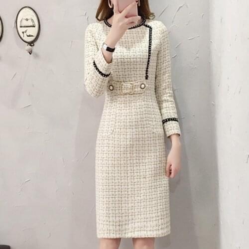 New Runway Korean Fall Winter Tweed Womens Plaid Dresses Female Elegant Woolen Dress Ladies Office Work Vestidos