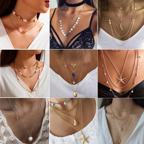 Women Vintage Coin Shell Starfish Pendant Necklace 2021 Bohemian Plating Gold Silver Color Layered Choker Necklaces Party Gift