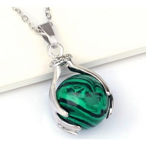 100-Unique 1 Pcs Silver Plated Malachite Stone Round Beads Hand Shape Pendant for Necklace Charm Jewelry