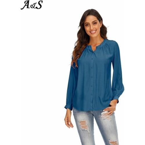 Anbenser Womens Shirts Casual Loose Button Down Blouse Shirt Female OL Flowy Blouses Puff Long Sleeve Stylish Top Plus Size 3XL