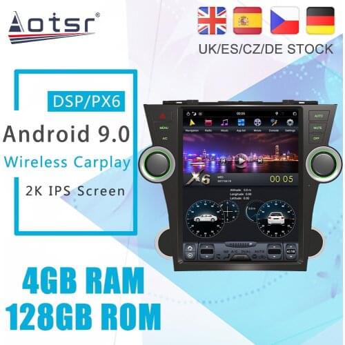 Android 9 128G PX6 Tesla Styel For Toyota Highlander 2 XU40 2009-2016 Auto Radio Stereo Car Multimedia Player DVD GPS Navigation