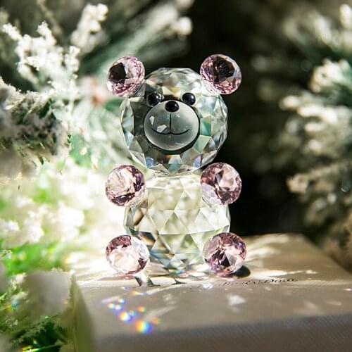 H&D Pink 3D Little Bear Crystal Figurine Art Glass Animal Paperweight Ornament Collectible Xmas Gift Home Wedding Decoration