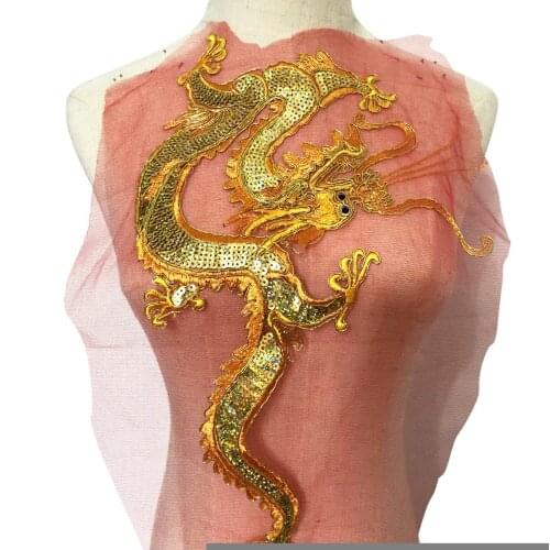 Golden Gragon Sequins Lace Fabric Applique Trim For Evening Dress Clothes Lace Collar Sew On Embroidery Patches Accessories