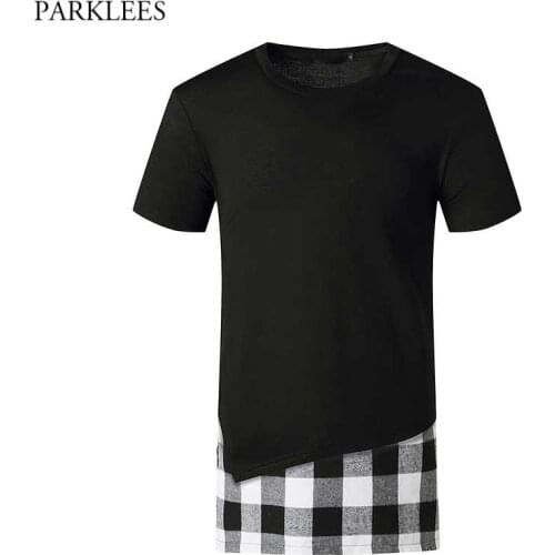 Patchwork Plaid Extra Long T Shirt Men 2021 New Hip Hop Slim Fit O Neck Tee Shirt Homme Casual Harajuku Streetwear T Shirt Male
