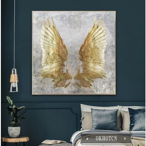 Fashion Golden Wings Angel Canvas Painting Unique Modern Poster and Print Wall Art Nordic Pictures for Living Room Bedroom Aisle