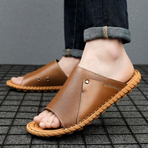 Jumpmore Summer Leather Slippers Men Slides Outdoor Casual Shoes Size 38-47