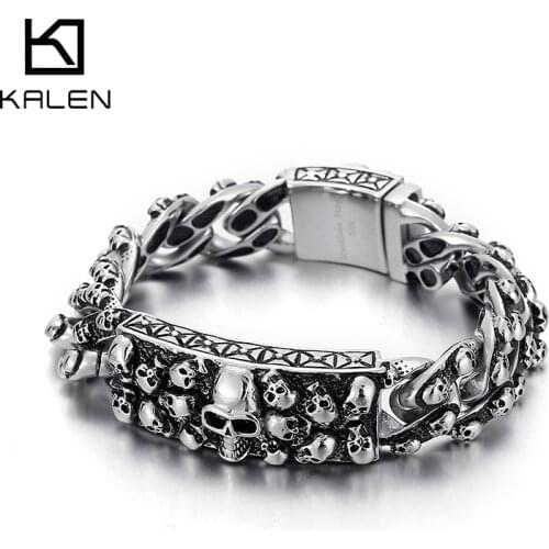 Kalen Gothic Skull Pattern Mens Bracelets On Hand Vintage Punk Steel Color Jewelry 230mm