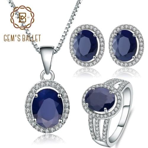 GEMS BALLET 8.08Ct Classic Natural Blue Sapphire Gemstone Jewelry Set 925 Sterling Silver Pendant Earrings Ring Sets For Women