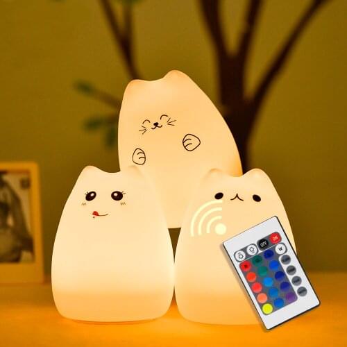 Cartoon Silicone Cat LED Night Light Touch Remote Control 16 Colors Dimmable USB Rechargeable Children Baby Bedroom Bedside Lamp