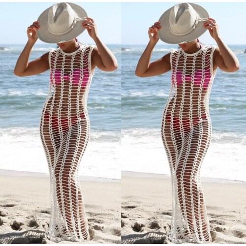 2021 New Fashion Women Bathing Suit Cover Up White Sleeveless Crochet Fishnet Mesh Beach See-through Long Dress Beach Cover