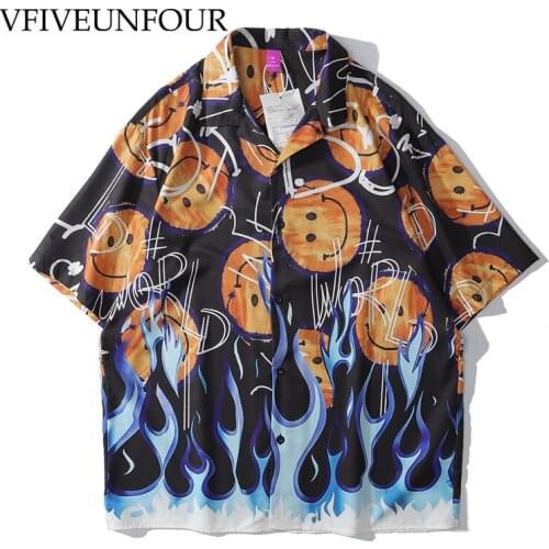 VFIVE UNFOUR New Arrivals Smiling Face Printed Short Sleeve Shirt Funny Men Shirt Loose Men Hawaiian Hipster Loose Shirt