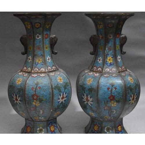 14" Old Collect Purple Bronze Cloisonne Enamel Elephant Flower Vase Bottle Pair