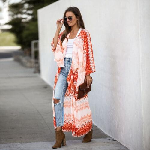 Kimono Dress Print Beach Cover Up 2021 Sexy Street Style Loose Long Sleeve Striped Cardigan Chiffon Plus Size Summer Dress