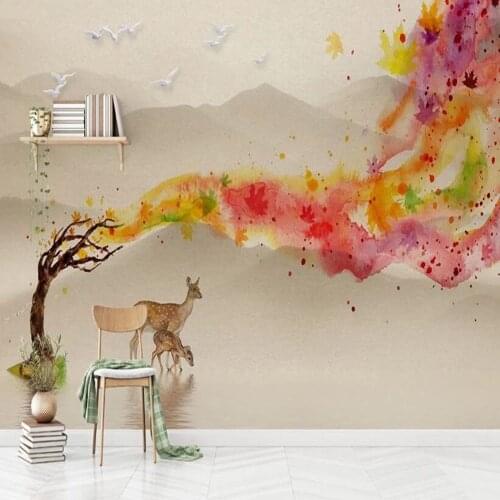 Custom 3D watercolor landscape tree elk TV sofa bedroom background wallpaper mural