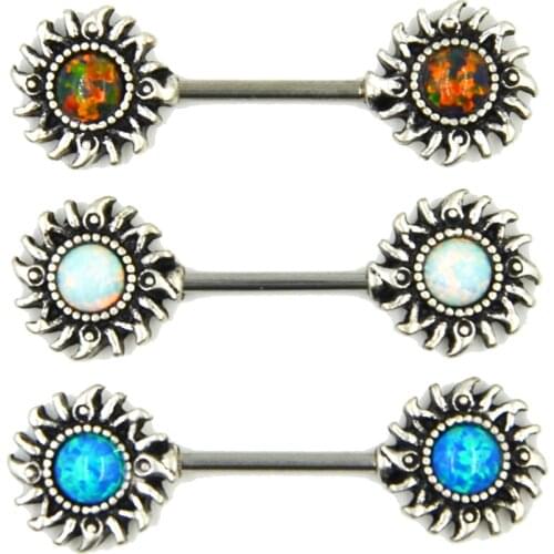 Synthetic Opal Sun Nipple Barbell Ring Piercing Body Jewelry Straight Bar 14g