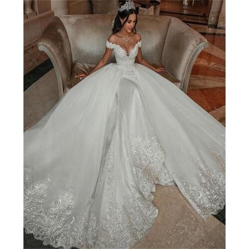 Mermaid Wedding Dresses With Detachable Train Bridal Gowns Off The Shoulder Lace Appliqued Beads Vintage Marriage Robe de mariée