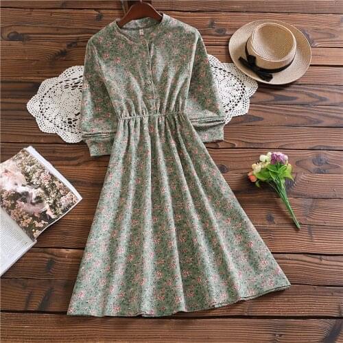 Spring autumn elegant mori girl sweet vestidos fashion design long sleeve floral corduroy dress