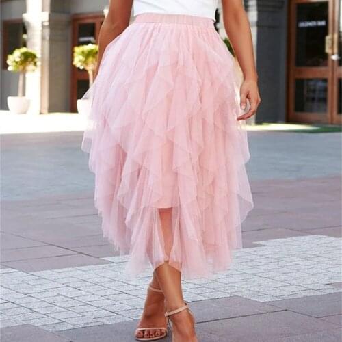 Ladies Boho Long Skirt Women Casual High Waist Ruffles Black Pink Summer Women Beach Skirts Female Pleated Mesh Tutu Tulle Skirt