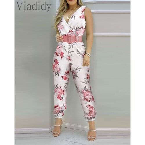 Women Sleeveless Print Poackets Design Open Back High Waist Playsuits No Belt