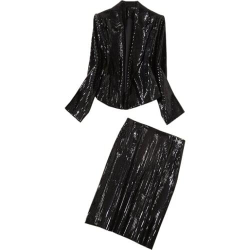 High fashion women clothes two pieces set sexy outfits black sequins jacket + black sequins pencil skirt
