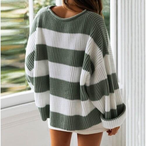 2021 autumn and winter new sweater women curled round neck striped color matching shirt womens womens stitch