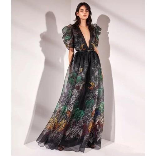 Luxury Designer Runway 2021 Maxi Dress For Women Deep V-neck Puff Sleeve Leaf Printed Lace Up Bow Sexy Backless Party Dresses