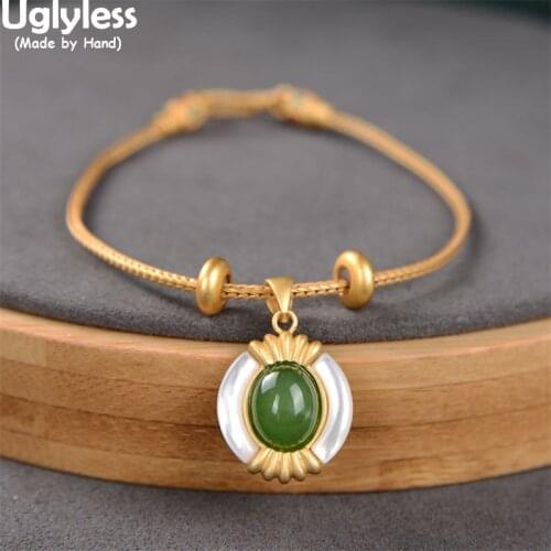 Uglyless Latest Summer Dress Thin Gold Bracelets for Women Real 925 Silver Ethnic Statement Jewelry Jasper Natural Gems Bangles