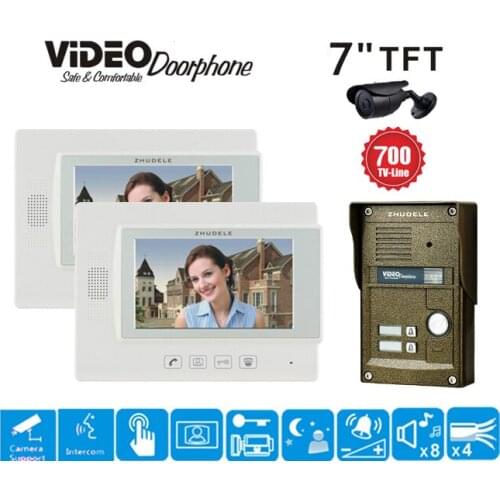 ZHUDELE 2-Apartment 7" LCD Monitor Speakerphone Intercom Color Video Door Phone Doorbell Access Control System IR Doorphone