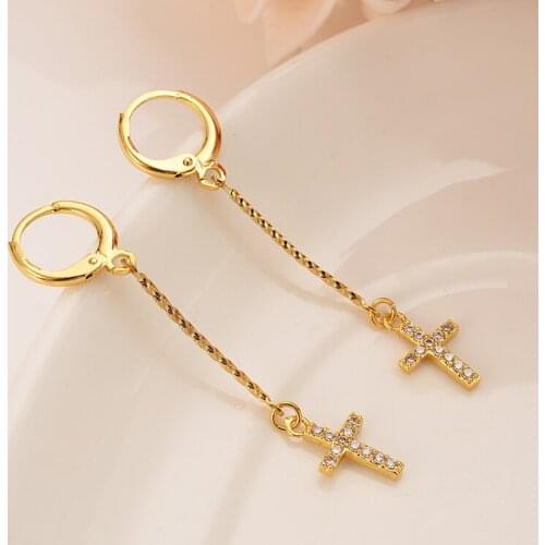 Gold Round Circle Earrings cz crystal diamond Religious Cross Pendant Drop Dangle Earring For Women Ear Piercing Jewelry gifts