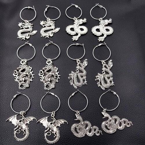 1pair Antique Silver Plated Multi-style Flying Dragon Charm Large Circle Metal Earrings Retro DIY Jewelry Handicrafts Findings