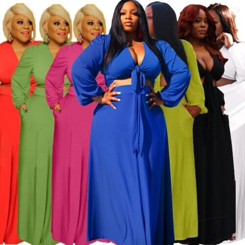 2021 Spring Women Sexy Solid Clubwear Two Piece Sets Plus Size V-neck Lace-up Tops High Waist A-line Floor-Length Skirt Outfits