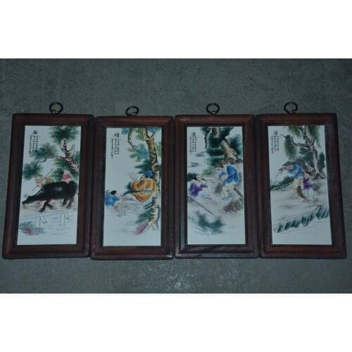 Antique porcelain brand painting, cattle grazing, reading, fishing, 4 pieces/pack, Hand-painted crafts, best collection