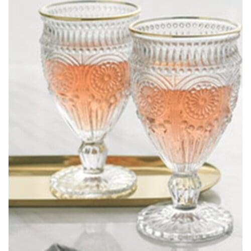 European Classic 350ml Baroque Relief Goblet Vintage Red Wine Glass Art Sun Flower Pattern Whiskey Cup Bar Drinking Utensils