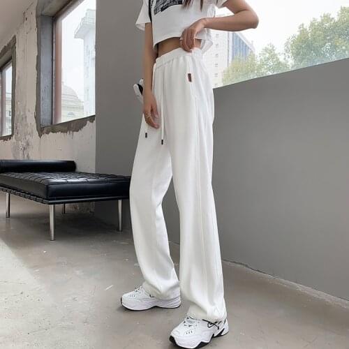 Retro Women Sweatpants Autumn Loose High Waist Drawstring Straight Woolen Pants Female Casual INS Style Streetwear Long Trousers