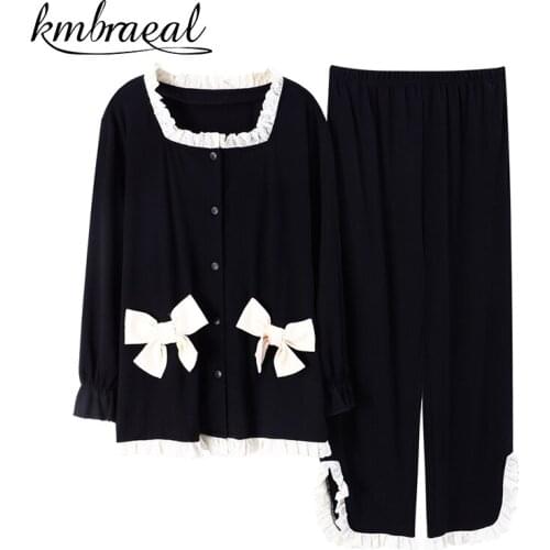 Black Autumn Pajama Set for Women 100% Cotton PJS Lace Long-Sleeved Trouser 2 Pcs Princes Homewear Solid Winter Plus Size M-2xl