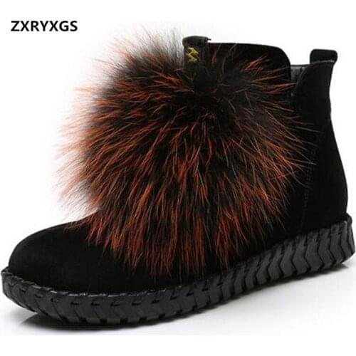 2021 Classic Real Fox Fur Decoration Fashion Ankle Boots Snow Boots Flat Non-Slip Top Frosted Cowhide Ankle Boots Women Boots