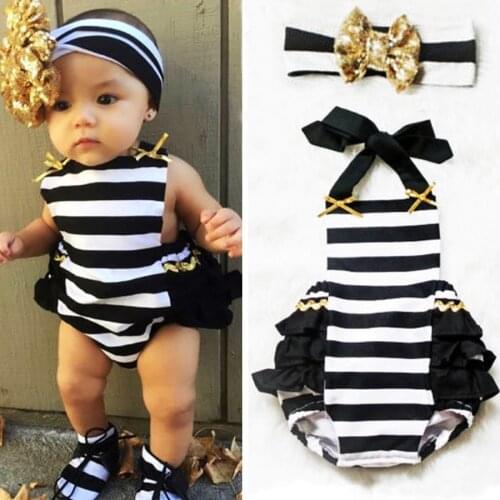 2Pcs Toddler Baby Girls Clothes Stripe Ruffle Sleeveless Romper Jumpsuit Bowknot Headband Outfit Baby Sunsuit 0-24 Months